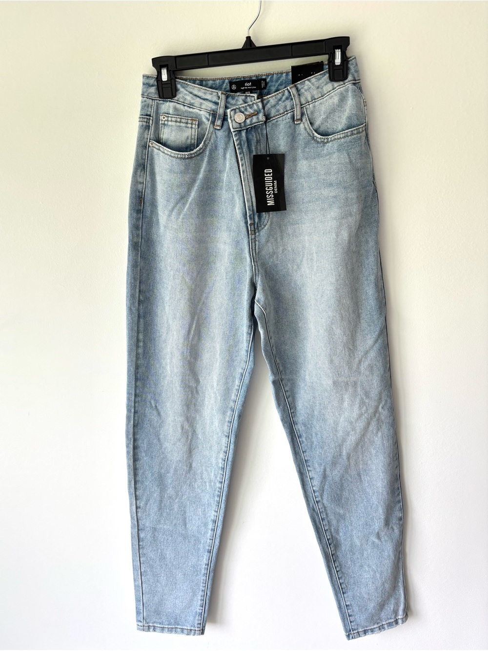 Missguided Denim Riot High Rise Mom Jean Asymmetric Fasten Waist Straight Leg
